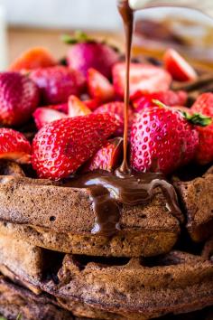 Dark Chocolate Waffles with Ganache and Strawberries from The Food Charlatan