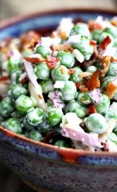 Sub Mayo with Greek Yogurt? - Easy Bacon Pea Salad with Cheddar Cheese. Perfect for Easter or any time! www.foodiewithfamily.com
