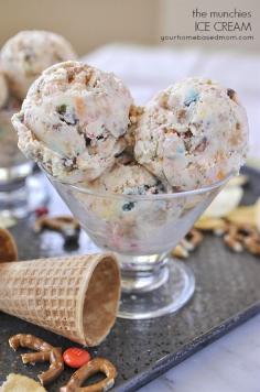 Munchies Ice Cream - full of all your favorite things to munch on. Pretzels, Potato Chips, Ritz Crackers and M & M's Wanna try a gluten free version :))