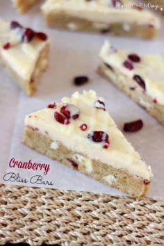 Cranberry Bliss Bars ~ A soft blondie bar with white chocolates, cranberries and covered in cream cheese frosting. Perfect treat for any occasion! ~ www.mykitchencraze.com