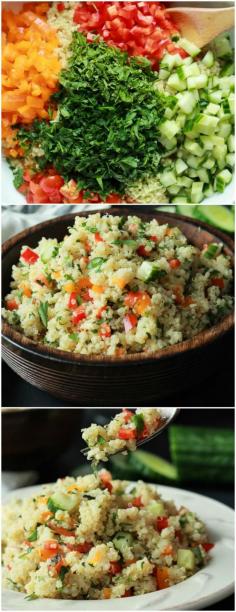 Quinoa Tabbouleh Salad an easy salad recipe that's done in 20 minutes; filled with fresh mint and parsley, fresh vegetables, and lemon juice. Light and low calorie, perfect for the summer!  #recipes #glutenfree