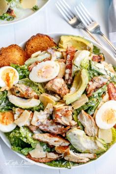 Chicken and Avocado Caesar Salad made with a low in fat healthier dressing; grilled chicken and crunchy ciabatta croutons #avocado #healthy #recipe