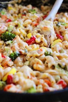 *Spicy Roasted Vegetable Mac Cheese- 1 c broccoli florets (chopped), 1/2 red pepper (diced), 1 yellow squash (quartered/diced), 10 baby carrots (sliced thinly), 2 c whole wheat pasta, 1/4 c olive oil, 1 garlic clove (minced), 3 T flour, 1 1/2 c milk, 2 c (8 oz.) Sharp Cheddar Cheese (Shredded), 1/2 t crushed red pepper flakes, 1/2 t cayenne pepper, Salt/pepper, 2 T panko bread crumbs