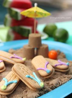 Pool Party Ideas! Flip Flop Cookies. love the brown sugar "sand" and "sand castle". Cute.