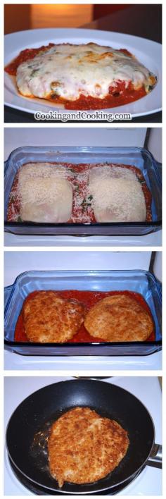 Chicken Parmesan Recipe.  Used 3 medium breasts, did not pound.  Did not use Parmesan in breading.  Used Italian seasoned bread crumbs. Topped with pepper jack cheese, shredded mozzarella, and a little Parmesan.    For sauce, sautéed onion, bell pepper, minced garlic and cilantro in pan.  Used 1 can petite diced tomatoes and 1 small can tomato sauce.  Seasoned with parsley, oregano, basil, Italian seasoning, red pepper, onion powder, & garlic powder. Cooked on 350 for 35 minutes.