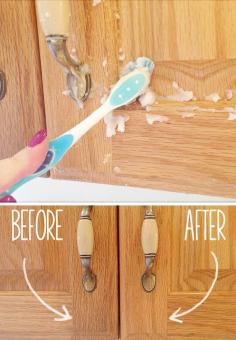 HOW TO CLEAN CABINETS : :  2-Ingredient Homemade Kitchen Cabinet Gunk Remover.  Vegetable oil and baking soda!
