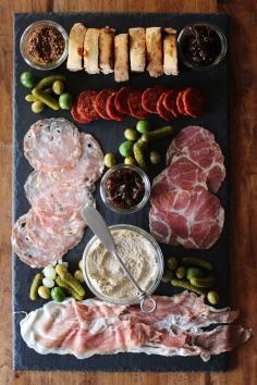 cheese or charcuterie platter with eggplant pâté