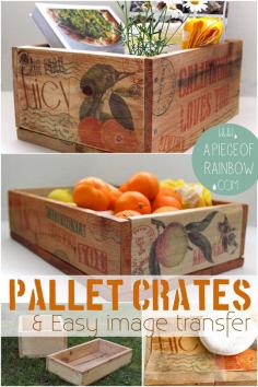 How to make DIY pallet wood crates, with an easy way to transfer images to the wood, from A Piece of Rainbow.