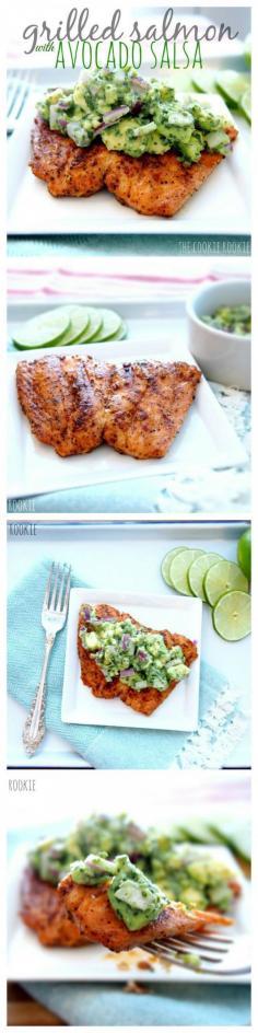 Grilled Salmon with Avocado Salsa.  Delicious, healthy and easy.  Perfect for the warmer weather! {The Cookie Rookie} #GlutenFree  #Salmon #Avocado