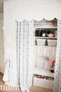 Like the idea of curtains to cover a wardrobe instead of doors- girl's bedroom