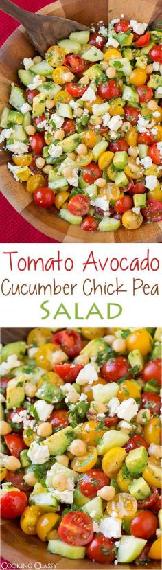Summer Salad - maybe try it with goat cheese instead of feta...Tomato Avocado Cucumber Chick Pea Salad with Feta and Greek Lemon Dressing - LOVED the flavor of this salad! I ate two bowls of it for lunch!