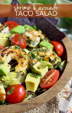 Shrimp and Avocado Taco Salad is light and refreshing with a shrimp marinade that doubles as the salad dressing! #glutenfree | iowagirleats.com