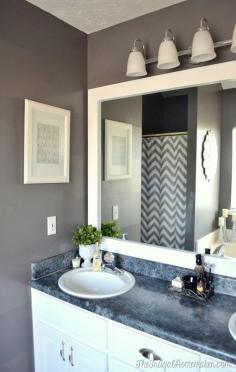 How to frame out that builder basic bathroom mirror (for $20 or less!)  GREAT WALL COLOR BATHROOM!!!!