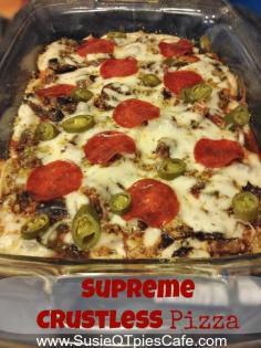 Supreme or any topping crustless pizza recipe - gluten free. If you want, add a crust using Schar brand GF pizza crust!
