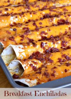 Breakfast Enchiladas ~ Tortillas stuffed with sausage, eggs, cheese and bacon then topped with more bacon and cheese! Make the night before! #breakfast #recipes #brunch #recipe #yummy