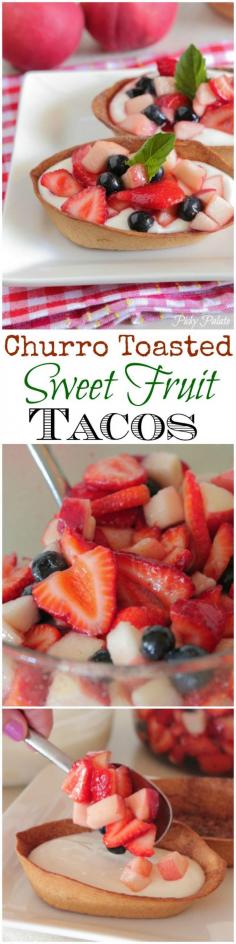 Churro Toasted Sweet Fruit Tacos! Fun and light dessert idea :) #dessert #fruit