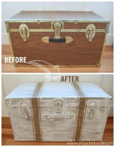 Old, free travel trunk...completely transformed with Chalk Paint and a few grain sack stripes too!