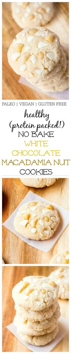 Healthy No Bake White Chocolate Macadamia Nut Cookies- Inspired by Subway’s infamous cookies, these healthy white chocolate macadamia nut cookies are fudgy, chewy and require no baking at all! 1 bowl and 10 minutes is all you’ll need to whip these beauties up which are paleo, vegan, gluten free, dairy free AND come with a high protein option! @thebigmansworld - thebigmansworld.com