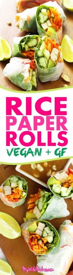 Easy recipe for Vegan Rice Paper Rolls with Hoisin Peanut Dipping Sauce. Filled with avocado, carrots, cucumbers, chillies, and other healthy ingredients. #ricepaperrolls #rolls #ricepaper #vegan #healthy #vietnamese #recipe #veganrecipe #veganfood