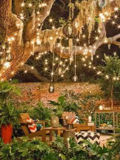 outdoor furniture under fairy lights