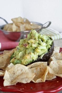 Peach Guacamole with BBQ chips.