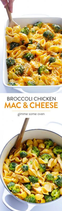 Broccoli Chicken Mac  Cheese -- easy to make, super tasty, and you can serve it stovetop-style or baked | https://gimmesomeoven.com