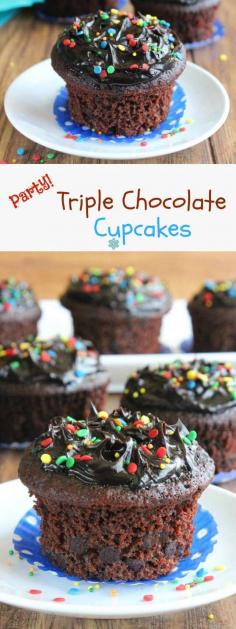 
                    
                        Party Triple Chocolate Cupcakes have three textures of chocolate. Cakey cupcakes have chocolate chips inside and all is topped with a creamy frosting.
                    
                
