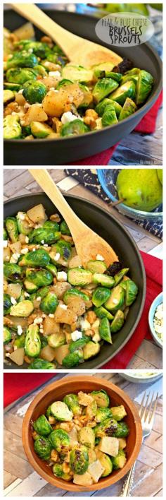 Pear and Blue Cheese Roasted Brussels Sprouts! Delicious and easy http://www.thecookierookie.com/pear-blue-cheese-roasted-brussels-sprouts/ | #vegetarian #recipe #veggie #recipe #healthy
