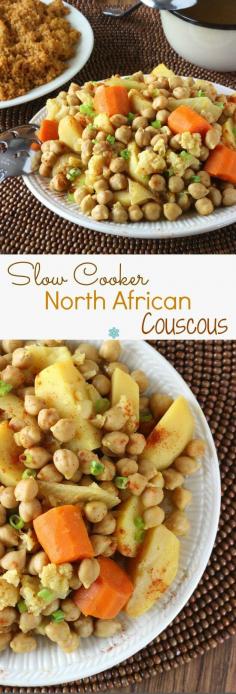 
                    
                        North African Couscous is rich in flavors and so easy to prepare.  Vegetables and spices go in the crock pot.  At dinner, serve over infused couscous.
                    
                