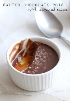 Salted chocolate pots with caramel sauce. I agree with the author about withholding the eggs, but I make my own salted caramel.  Add 200g granulated sugar, 90g salted butter, 120ml heavy cream and 1 tsp salt. Made May 2014. Recipe Score 8/10.