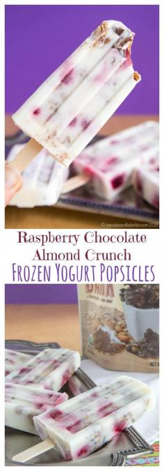 
                    
                        Raspberry Chocolate Almond Crunch Frozen Yogurt Popsicles - cool off this summer with a cold, creamy treat filled with berries and Cascadian Farm Dark Chocolate Almond Coconut Granola Bark. #AD | cupcakesandkalech... | gluten free recipe
                    
                