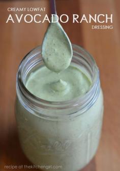 LowFat Avocado Ranch Dressing made with avocado, nonfat yogurt, and a lil mayo. Gluten-free. Great for green salads, pasta salads, spreads, dips, or sauce. www.thekitchengirl.com