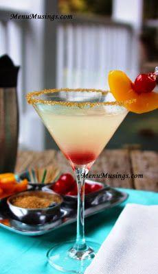 Sparkle peach martinis - super easy recipe with peach schnapps, coconut rum, vanilla vodka, mango juice and ginger ale.