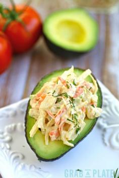 Avocado stuffed with Hearts of Palm Crabless Salad, perfect for Meatless Monday