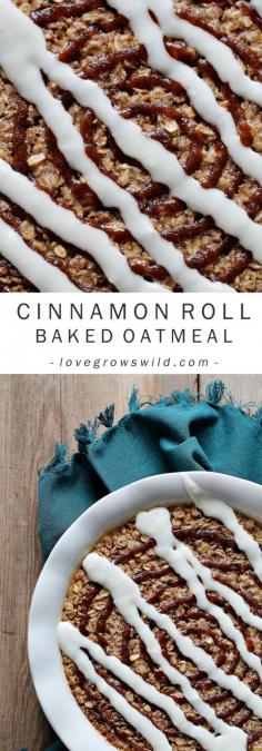 Delicious, easy baked oatmeal with a sweet cinnamon drizzle and cream cheese icing! Cinnamon roll perfection! Looks perfect for my picky eaters