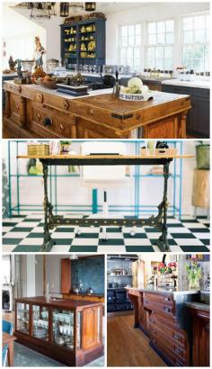 Inspiration for our DIY kitchen remodel… I love the idea of using salvaged or repurposed materials in place of a traditional kitchen island and especially LOVE the display cabinet island!!!