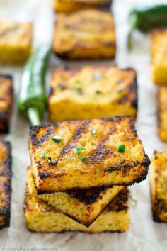Side Recipe: Soft, irresistible homemade cornbread squares are slathered up with a kickin' jalapeno honey butter and then quickly cooked on the grill to crisp, buttery heaven! @WholeHeavenly