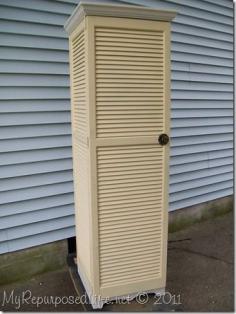 DIY- Repurposed shutters into a storage cupboard.  This would also work with bi fold doors