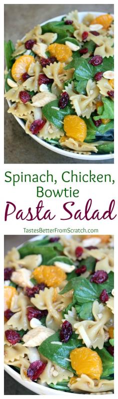 Spinach, Chicken, Bowtie noodle Pasta Salad with a Teriyaki Vinaigrette. My FAVORITE pasta salad!  | Repinned by @CincySAHM4 - Follow me on Pinterest for more great ideas!