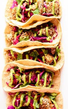 #Recipe: Crispy Cauliflower #Tacos with Slaw and #Avocado Cream #vegan #recipe #healthy #recipes #vegetarian