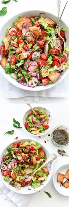 
                    
                        Fattoush Salad is a simple salad of romaine, radishes, tomatoes and pita chips for crunch, all dressed in a flavorful minty dressing. My fave salad of summer | foodiecrush.com
                    
                
