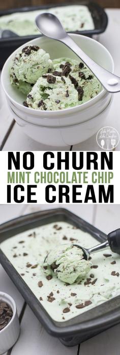 No Churn Mint Chocolate Chip Ice Cream - This mint chocolate chip ice cream is made without an ice cream maker for an easy and delicious, only 5 ingredient creamy mint ice cream full of chocolate chunks.
