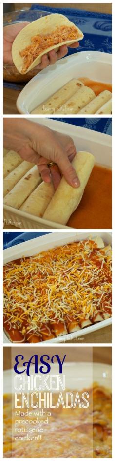 Easy Chicken Enchiladas made with precooked rotisserie chicken. Great for the freezer and gluten free when you use corn tortillas! ~*~So so so good. I'm not that big of a Mexican food fan. These were amazing good.