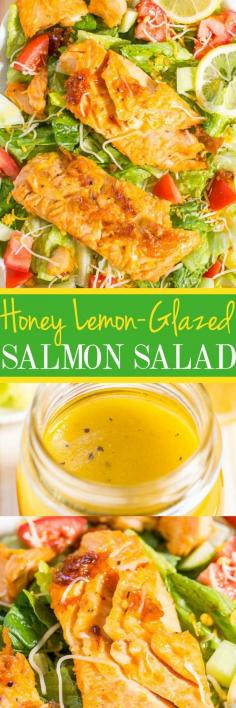 
                    
                        Honey Lemon-Glazed Salmon Salad - Coated with a tangy-sweet glaze that doubles as a light and bright salad vinaigrette! Fast, easy, fresh and healthy!! An awesome 15-minute meal!!
                    
                