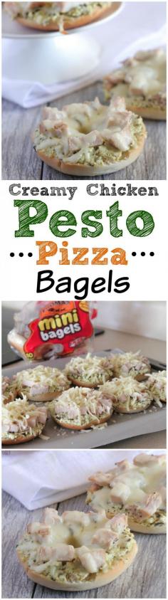 Creamy Chicken Pesto Pizza Bagels!  The perfect snack packed with great flavor! #recipe #pizza