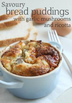 Individual Savory Bread Pudding with Garlic Mushrooms and Ricotta