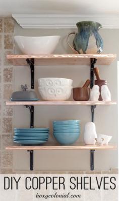DIY copper shelving - Open shelving in kitchen made with copper sheeting