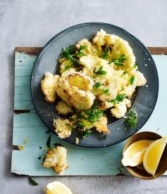 Australian Gourmet Traveller fast recipe for cauliflower fritters with lemon. *sub soy flour