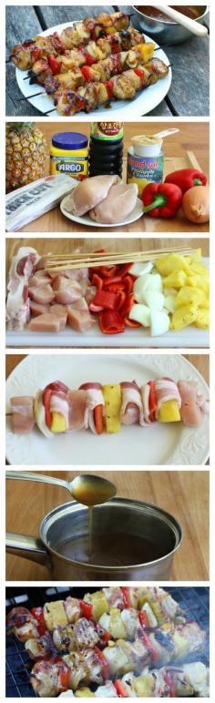 Pineapple, chicken and bacon kabobs