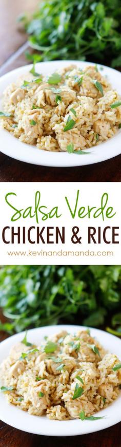 Salsa Verde Chicken and Rice. Only four ingredients. Chicken, rice, salsa verde, and chicken broth (or water).